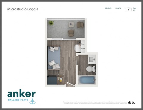 Floor plan for studio, 1 bath, 171 sqft
